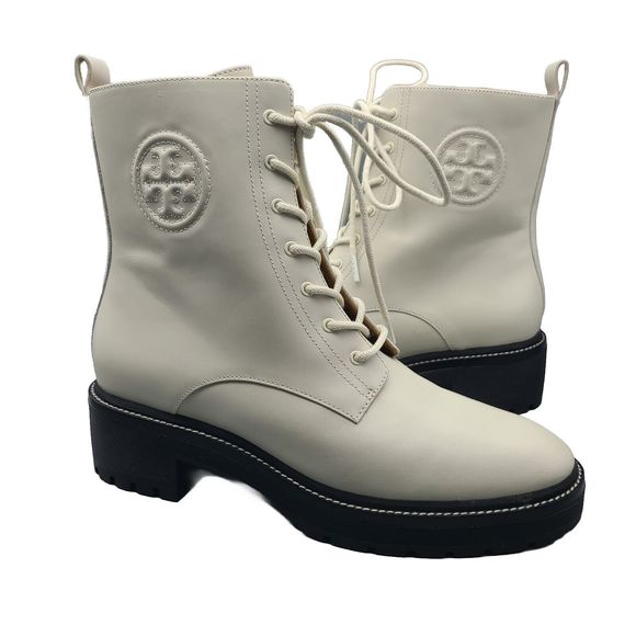 Tory Burch Boots Ivory Miller 50mm Lug Sole Bootie Lace Up Combat Size 10.5 New